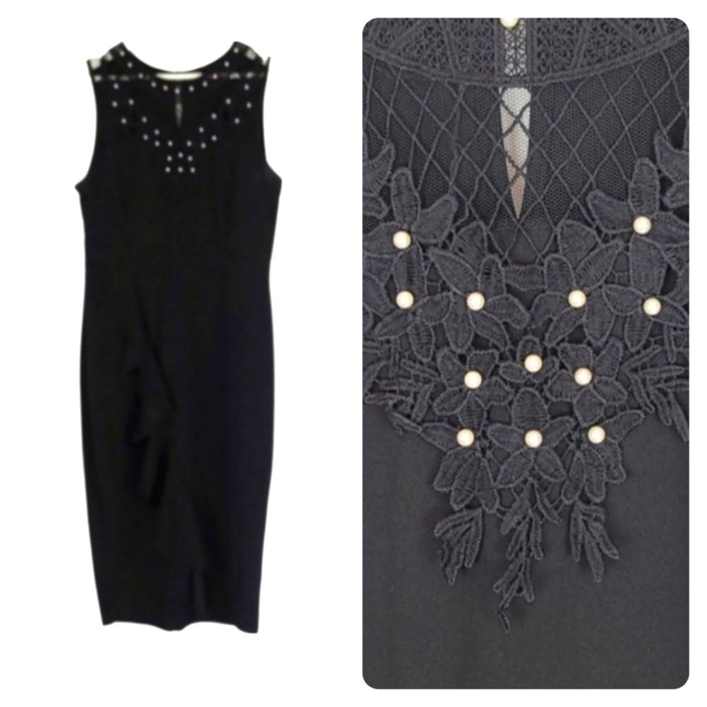 Whimsigoth Pearl & Lace Flower Embroidered Sleeveless Formal Dress in Black